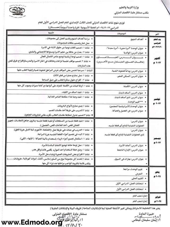 توزيع منهج الاقتصاد المنزلي للصف الثاني الاعدادي ٢٠٢٣ / ٢٠٢٤ الفصل الدراسي الاول