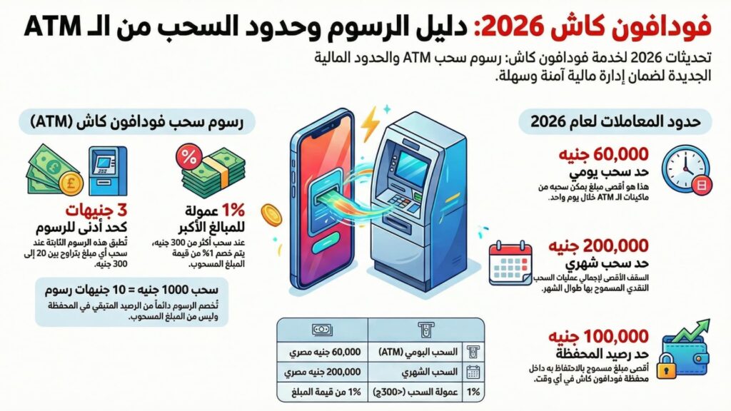 رسوم وحدود سحب فودافون كاش 2026